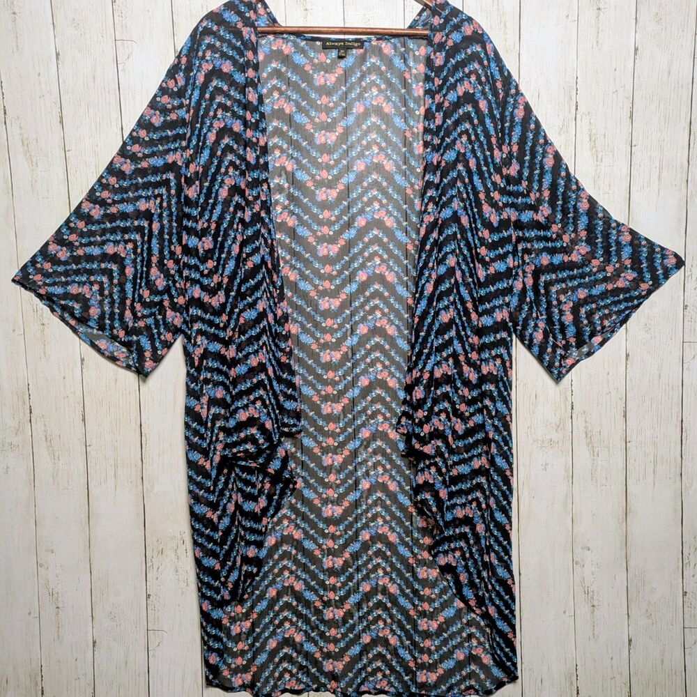 Sheer Floral Kimono Duster Cover-Up 2X Black Dark Boho Lagenlook Festival